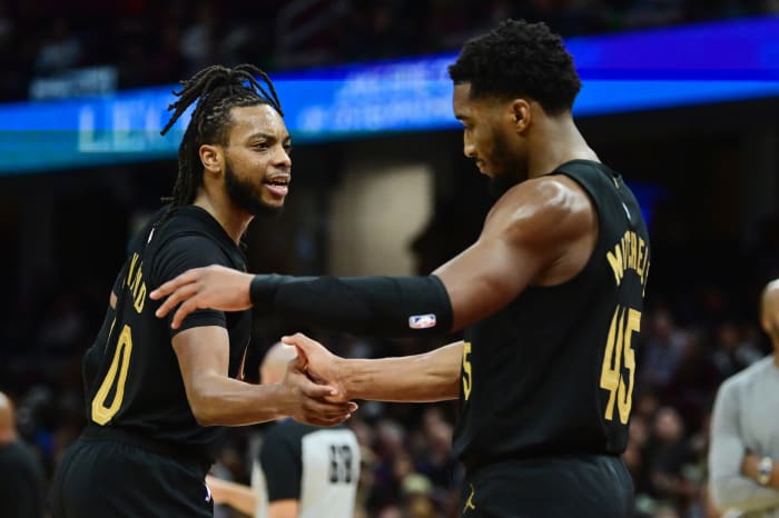 Dec 6, 2023; Cleveland, Ohio, USA; Cleveland Cavaliers guard Darius Garland (10) celebrates with guard Donovan Mitchell (45) during the second half against the Orlando Magic at Rocket Mortgage FieldHouse.